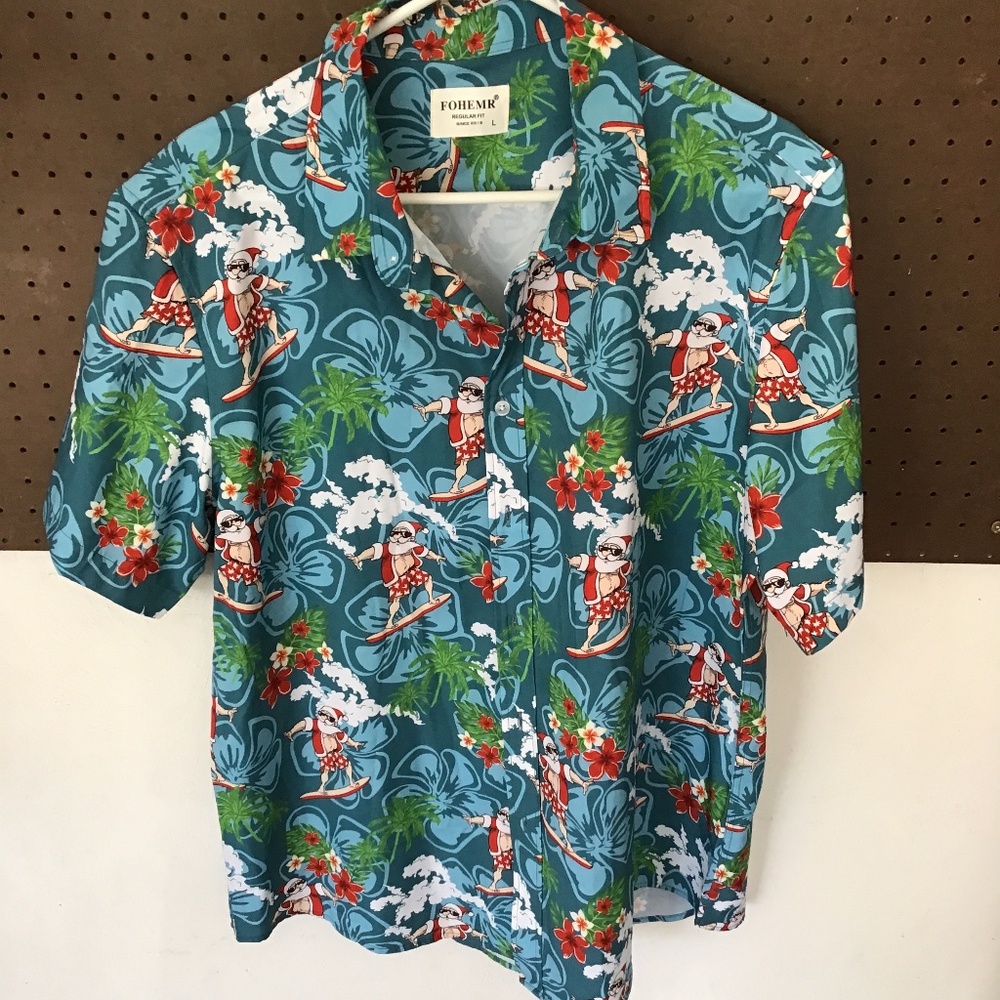 Fohemr Santa Surf Hawaiian Shirt Christmas Tropical Button Down L